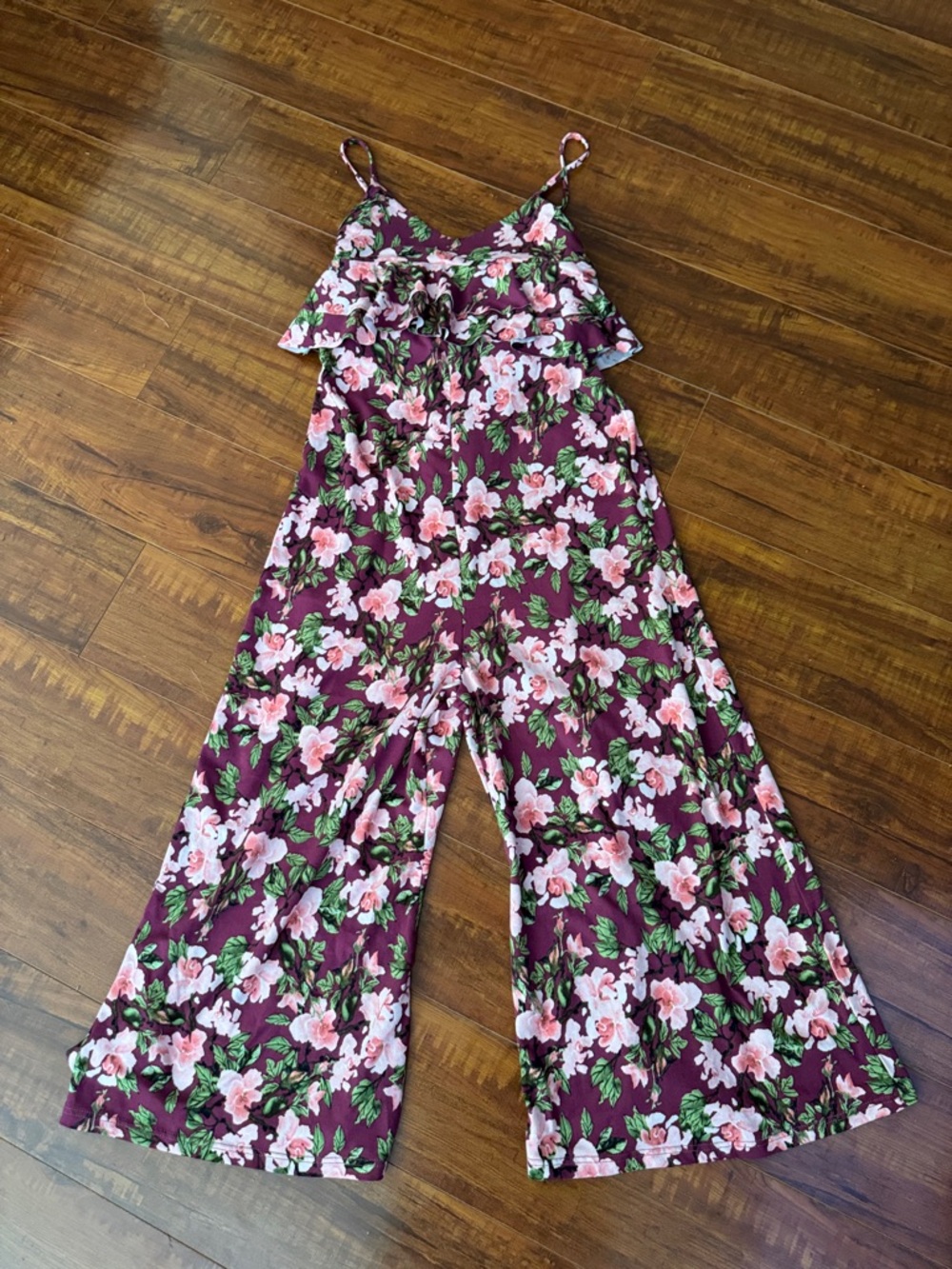 Girls' Floral Ruffle Wide-Leg Jumpsuit in Burgundy with Pink Flowers Romper